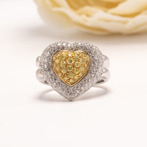 Sydänaiheinen timanttisormus on valmistettu 18 karaatin valkokullasta ja yhdistää harmonisesti värittömät ja keltaiset timantit.