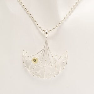 Naisen ääni -riipus on kaunis ja herkkä koru, jossa yhdistyy pitsimäinen hopeastruktuuri ja kauniisti hiottu vaaleansvihreä kvartsi